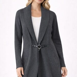 Ellen Tracy Gray Shawl Collar Belted Cardigan Sweater Size M Long Knit